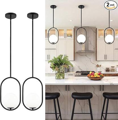 AUTELO 2 Pack Pendant Lights Kitchen Island, Matte Black Glass Pendant Lights with Milky White Globe Hanging Lamp, Adjustable Rods for Kitchen Bar Dining Room, H9376 MGBK-2PK