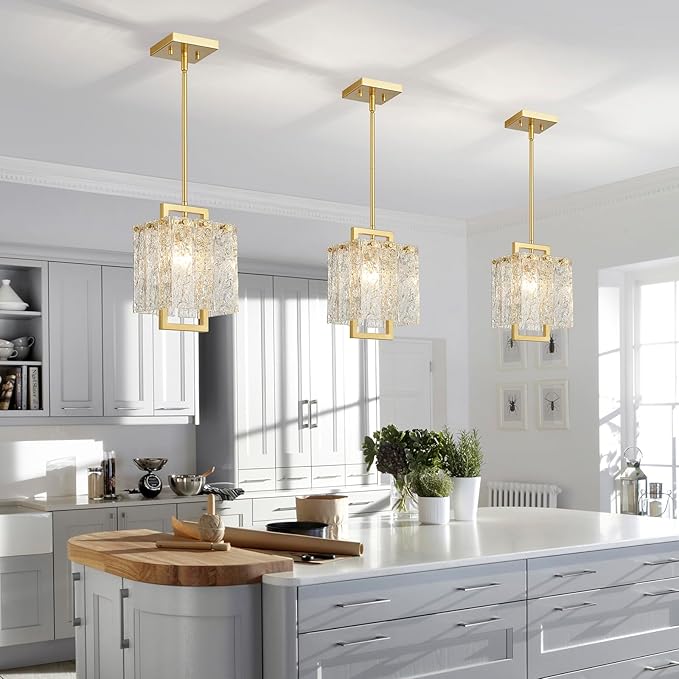 Shrine Lighting Gold Chandeliers, Modern Glass Pendnat Light for Dining Room, D6.3''×H19.5'', Adjustable 50.8'', 1 x E12 Sockets, Glass LampShade & Gold Finish Frame
