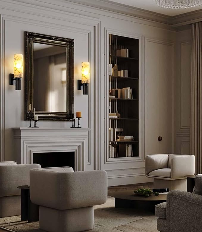 Modern Alabaster Sconce Marble Wall Sconce for Living Room Black Base Bathroom Vanity Wall Sconce Lighting Stone Marble Wall Lamp for Bedroom Corridor Stairs Restaurant
