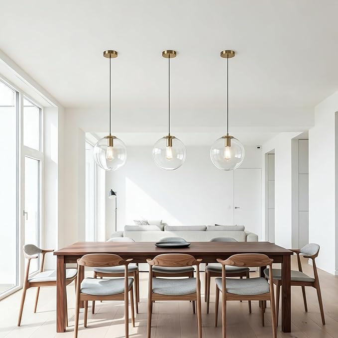 Modern Gold Globe Pendant Light, 10" Mid Century Brushed Brass Hanging Pendant Light Fixtures with Clear Glass for Kitchen Island Dining Room Bedroom Hallway Foyer, Adjustable Height