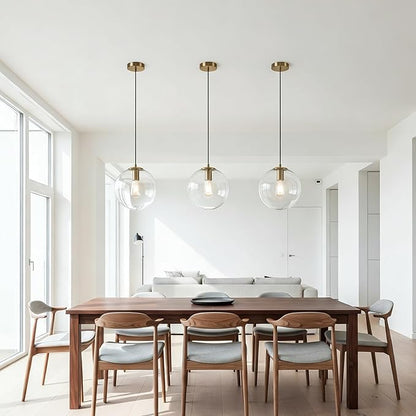 Modern Gold Globe Pendant Light, 10" Mid Century Brushed Brass Hanging Pendant Light Fixtures with Clear Glass for Kitchen Island Dining Room Bedroom Hallway Foyer, Adjustable Height