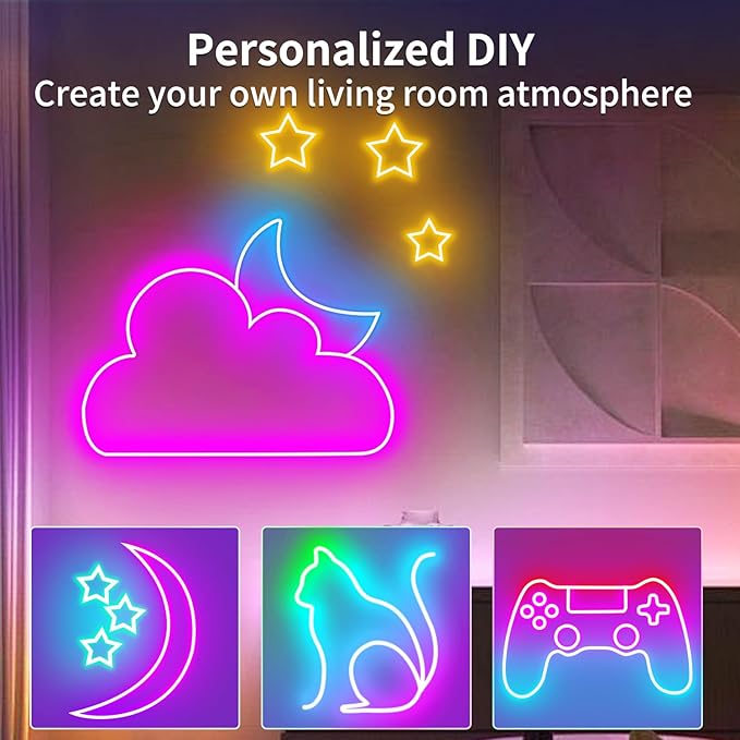 Neon Rope Lights，16.4ft RGB LED Strip Lights with App Control,Music Sync Flexible DIY Design,5V USB Powered Neon Lights for Bedroom,Gaming,and Party Decoration(with Adhesive Backing)