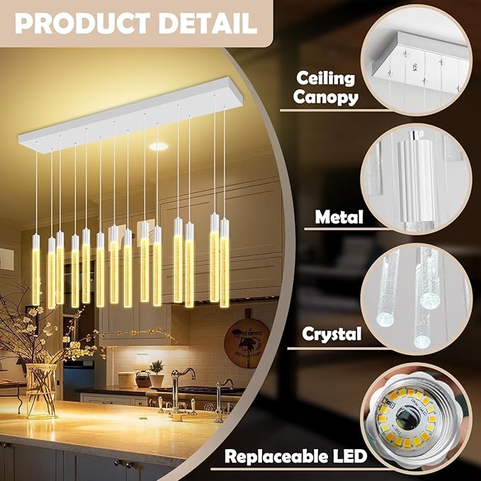 Modern Rectangular Crystal Chandelier 14-Light Silver LED Crystal Column Chandelier for Staircase, Living Room, Foyer, Hallway