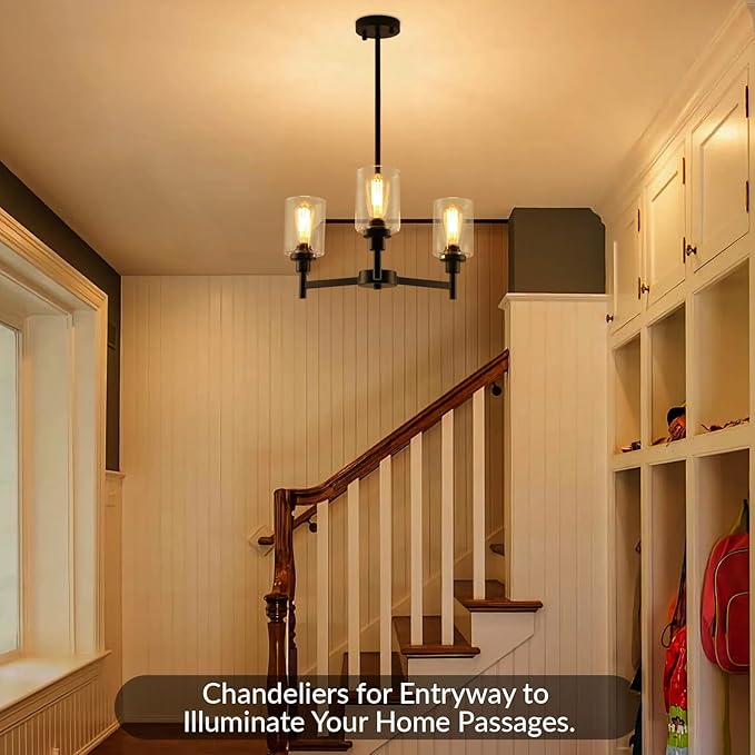 LIGHTDAMY 3 Lights Black Chandeliers for Dining Room Light Fixture Over Table, Entryway Chandelier for Foyer, Hallway Lighting Fixtures with Glass Shade for Dining Room Kitchen Island Foyer Hallway