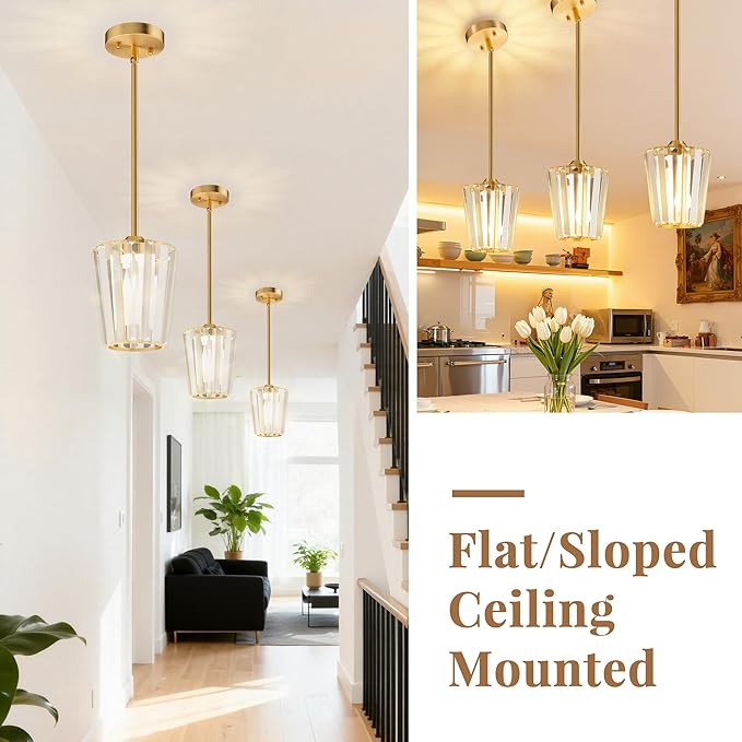 3 Pack Crystal Pendant Lights Kitchen Island - Modern Gold Pendant Light Mini Adjustable Hanging Pendant Lights for Kitchen Island Dining Room Foyer Hallway