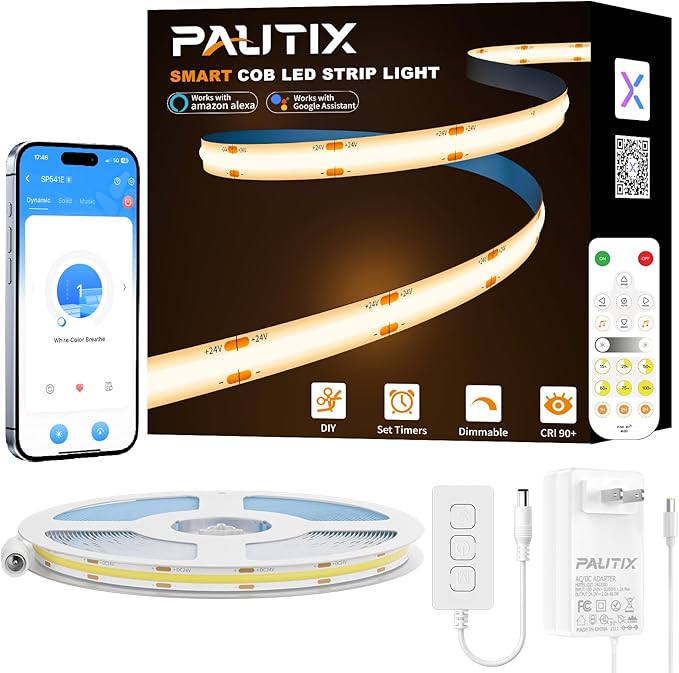 PAUTIX COB LED Strip Light 32.8ft/10m,Work with Alexa/Google Assistant, Warm White led Strip 3000K UL Listed,Dimmable 24V Flexible Tape Light,Super Bright Strip Lights for Office,Bedroom,Kitchen