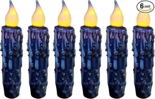 CVHOMEDECO. Real Wax Hand Dipped Battery Operated LED Timer Taper Candles Rustic Primitive Flameless Lights Decor, 4-3/4 Inch, Navy Blue, 6 PCS in a Package