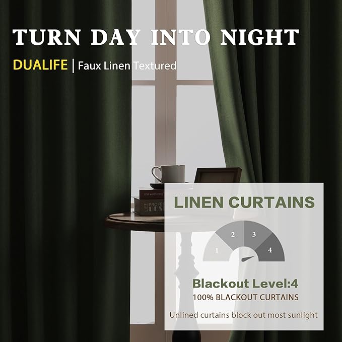 DUALIFE Back Tab Curtains 132 Inch Length-Pocket Hook Belt Linen Long Drapes for High Ceiling Loft Living Room Thermal Insulated Light Blocking Drapes for Bedroom 2 Panels Set 50X132 Inches Sage Green