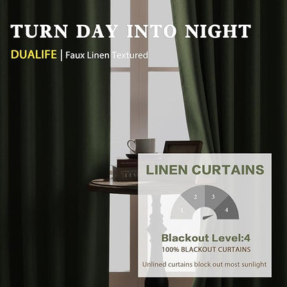 DUALIFE Back Tab Curtains 132 Inch Length-Pocket Hook Belt Linen Long Drapes for High Ceiling Loft Living Room Thermal Insulated Light Blocking Drapes for Bedroom 2 Panels Set 50X132 Inches Sage Green