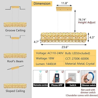 24'' Modern Crystal Chandelier for Dining Room Ceiling Light Fixture for Living Room Hallway Lighting LED Dimmable with Remote Gold