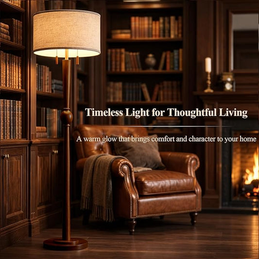 MOFFE 62.8" Solid Wood Floor Lamp,Tall Standing Floor Lamp with 2-Light Pull Chain, 17" Linen Drum Shade, Sculptural Wood Base & Stem,Transitional Floor Lamp for Living Room Bedroom, Includes 2 Bulbs