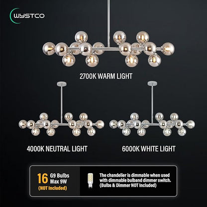 16-Light Globe Sputnik Chandelier, Mid Century Modern Light Fixture Over Table, Chrome Silver Linear Chandeliers for Dining Room and Kitchen Island (Smoke Grey Glass Bubble Shades, 40 Inch)