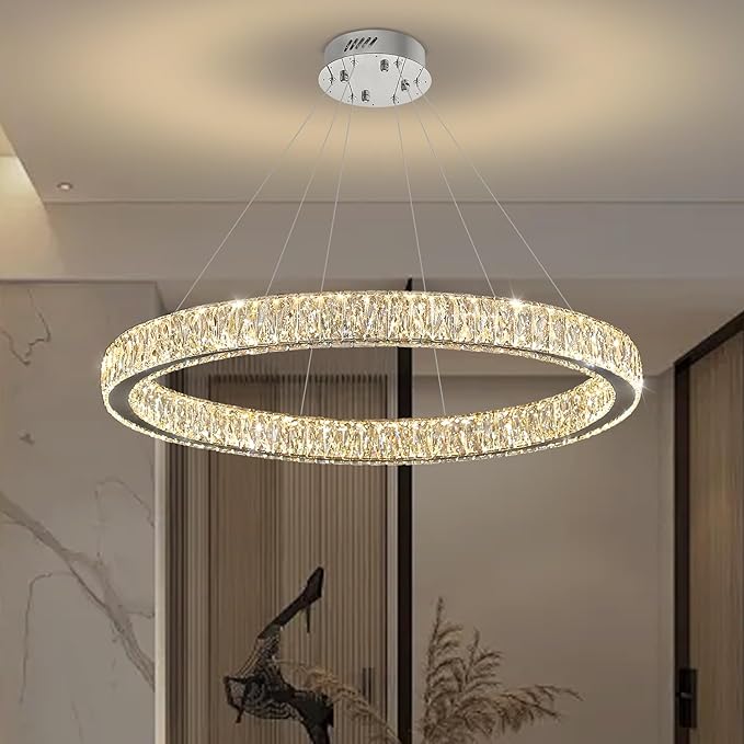39.4in Large Ring Chandelier Modern LED Crystal Chandelier Chrome Round Crystal Chandeliers for Dining Room Living Room