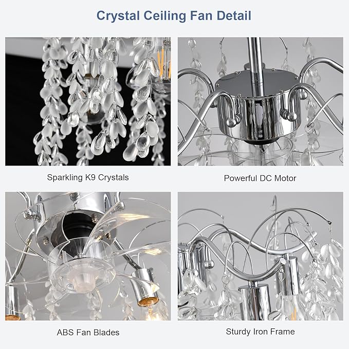 Garwarm 20in Ceiling Fans with Lights,Modern Fandelier Ceiling Fan with Light and Remote,Bladeless Crystals Chandelier Ceiling Fan for Bedroom Kitchen Living Room(6 Speed, Timing)-Chrome