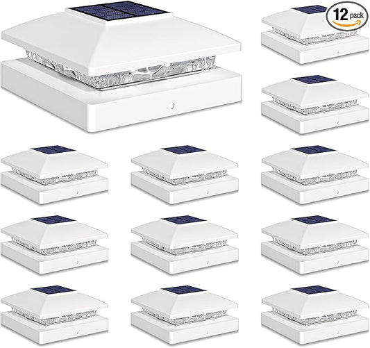 Solar Post Cap Lights Outdoor 12pack, White Waterproof Solar Powered Deck Fence Post Lights Fit 4x4 Wood/Vinyl Posts, Bright Warm White Solar Post Lights Decorate Deck, Patio, Porch, Fence