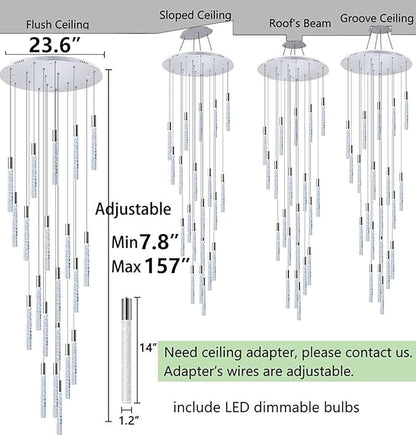 HAIXIANG W24 x H157 Glam Chandelier Bubble Crystal Ceiling Chandeliers Remote Dimmable LED Light High Ceiling Pendants Light Fixtures Adjustable Long Lights 24-Lights Silver Lamp