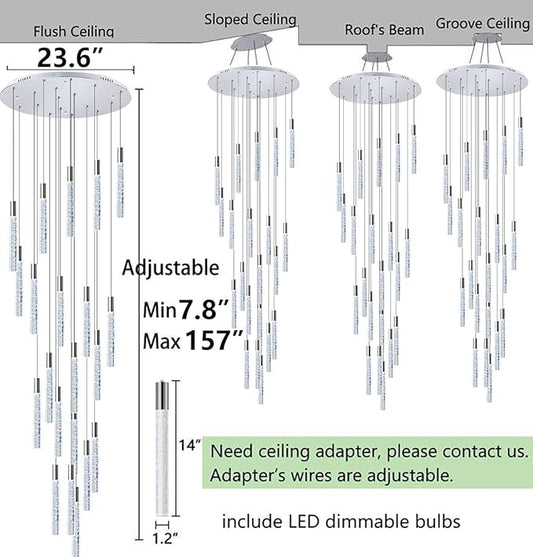 HAIXIANG W24 x H157 Glam Chandelier Bubble Crystal Ceiling Chandeliers Remote Dimmable LED Light High Ceiling Pendants Light Fixtures Adjustable Long Lights 24-Lights Silver Lamp