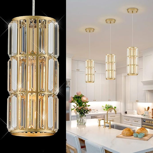 Gold Crystal Pendant Light for Kitchen Island, Modern Mini Hanging Chandelier with K9 Prism Crystals, Luxury Brass Pendant Lighting Fixture for Dining Room, Bedroom, Bathroom, Bar