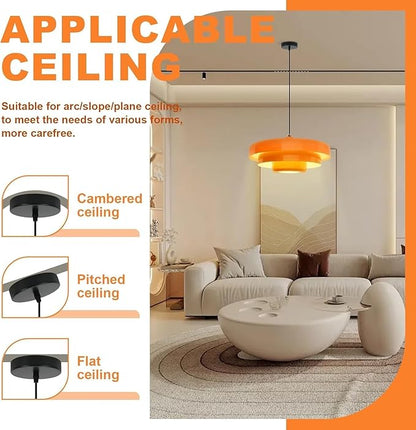 19.7" Large Mid Century Chandelier, 3-Tier Orange Metal Shade Pendant Light, Industrial Adjustable Ceiling Hanging Fixture for Dining Room, Hallway, Bedroom
