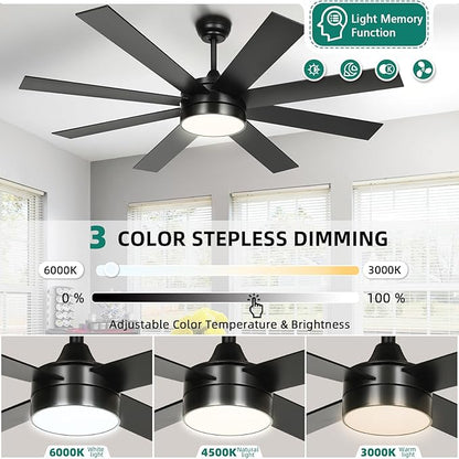 YITAHOME 60 Inch Black Ceiling Fan with Lights and Remote,8 Blades,App Control, Modern Smart Ceiling Fan Compatible with Alexa for Indoor, Reversible Quiet Motor, Memory Function