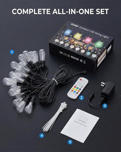 Smart RGB Outdoor String Lights, Color Changing Patio Lights with 21-Key RF Remote and Bluetooth App, IP65 Waterproof Music Sync LED Hanging Lights for Backyard Party Holiday Decor, 50FT (20 Bulbs)