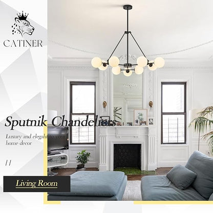 CATINER L40” Black Sputnik Chandeliers 9-Lights Mid Century Chandelier Modern Ceiling Pendant Light Fixtures with Milk Glass Globe Shades for Living Dining Room Foyer Entryway Kitchen Bedroom