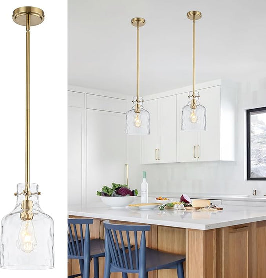 WILON Pendant Light Fixtures,Glass Pendant Lighting for Modern Kitchen Island Adjustable Hanging Ceiling Light 7" Hammered Glass Shade Pendant Lights for Dining Room Kitchen Sink, Gold Metal Finish