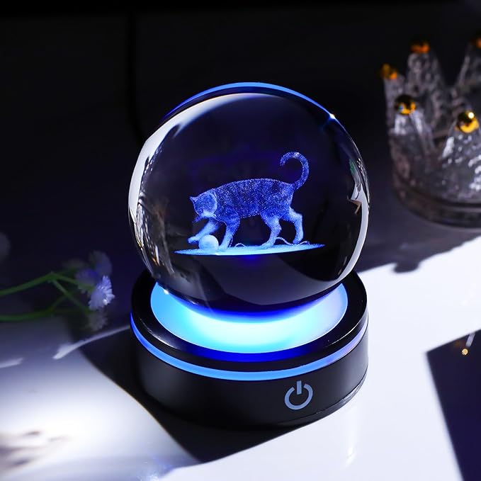 YWHL 3D Cat Figurine Crystal Ball with Colorful LED Base, Laser Engraved Cat Gifts for Women Men for Christmas Birthday, Cats Statue Glass Animal Decorative Ball for Home Decor (80mm)