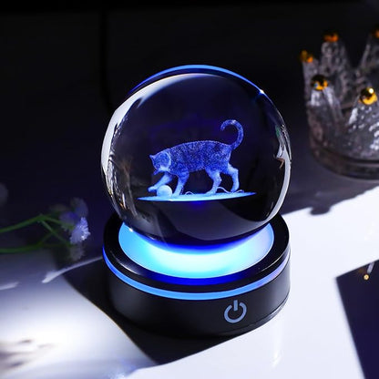 YWHL 3D Cat Figurine Crystal Ball with Colorful LED Base, Laser Engraved Cat Gifts for Women Men for Christmas Birthday, Cats Statue Glass Animal Decorative Ball for Home Decor (80mm)