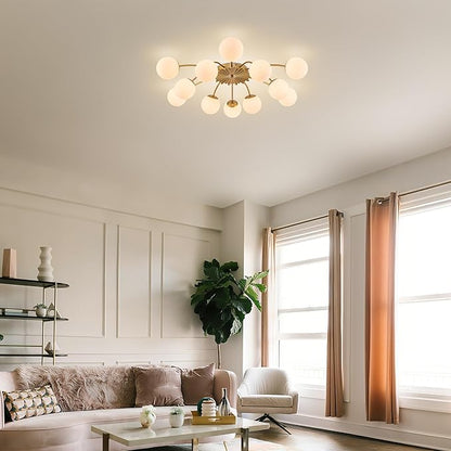 Longree 12-Light Gold and White Sputnik Chandelier Flush Mount Ceiling Lights with Blossom Accent, Mid Century Opal Glass Bubble Starburst Light Fixture for Dining Living Entry Room
