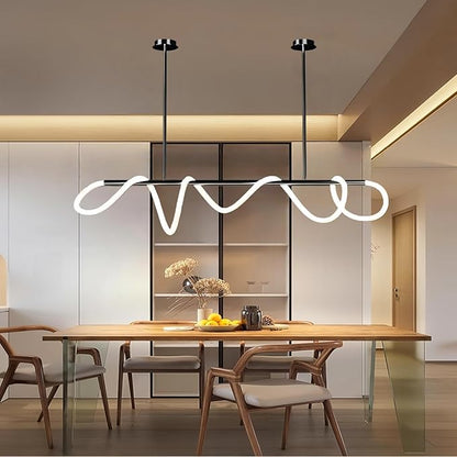 Modern Dimmable Desk Linear Pendant Light, with Remote 3 Color Mode & Brightness Ring Chandelier, 47 in Dining Room Ceiling Lamp Fixture, Black Restaurant Kitchen Long Hose Lamp