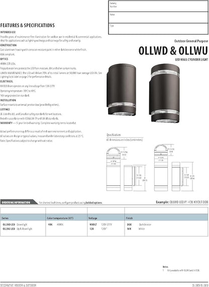 Lithonia Lighting OLLWD P1 40K MVOLT DDB M6 LED Outdoor Cylinder Downlight 4000K, 9W, Dark Bronze