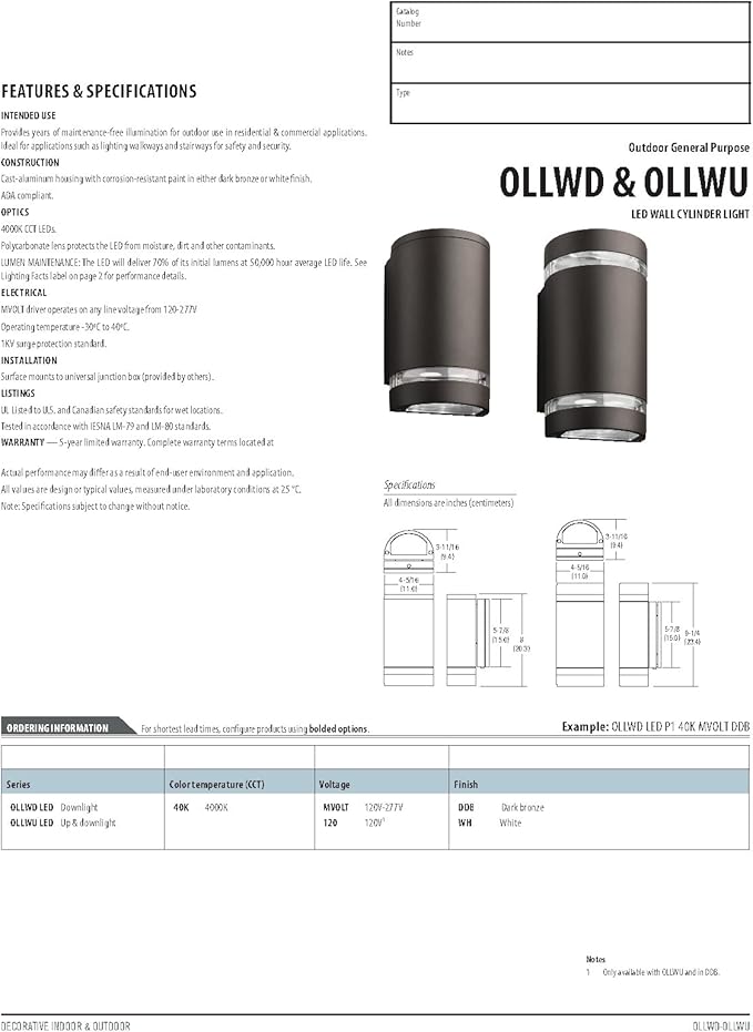 Lithonia Lighting OLLWU LED P1 40K MVOLT WH M6 Led Outdoor Cylinder Up & Down Light, MVOLT 4000K, 9W, White