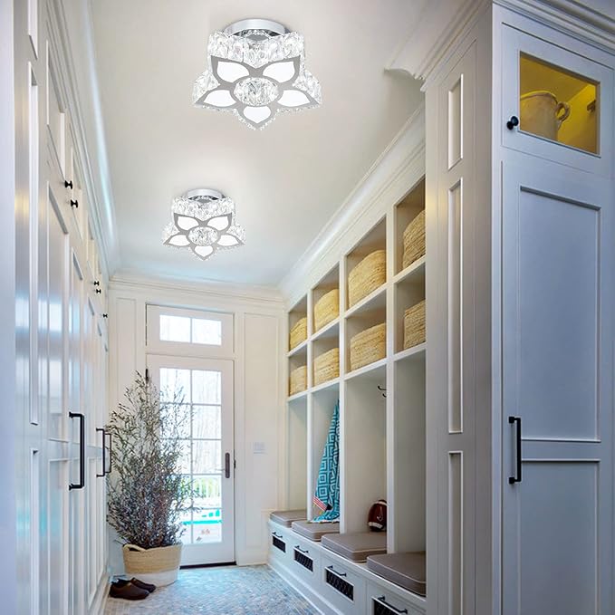 FRIXCHUR Crystal Ceiling Light Modern Mini Chandelier Flower LED Flush Mount Ceiling Light Fixture for Dining Room Bedroom Living Room Small Room (Cool White)