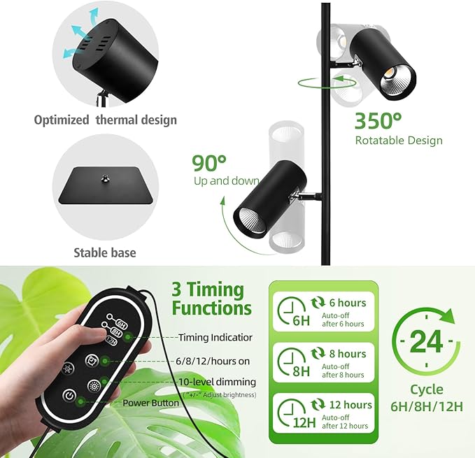 60W Dimmable Grow Light, Full Spectrum COB LED Dual-Head Floor Lamp with High CRI, 6/8/12H Timer, Adjustable Height (37"-77") & Angle – Standing Grow Lights for Indoor Plants (warm white 4000K)