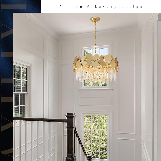 A AXILIXI Modern Crystal Chandelier Gold 24” Round Chandeliers for Dining Room 9 Light Drum Ceiling Pendant Light Fixture K9 Crystal Luxury Semi Flush Mount Chandelier for Foyer Living Room Bedroom