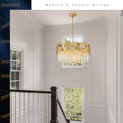 A AXILIXI Modern Crystal Chandelier Gold 24” Round Chandeliers for Dining Room 9 Light Drum Ceiling Pendant Light Fixture K9 Crystal Luxury Semi Flush Mount Chandelier for Foyer Living Room Bedroom