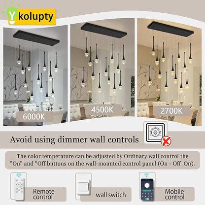 ykolupty Modern Rectangular Chandelier,14 Lights Black Raindrop Chandelier Lighting,Industrial Linear Pendant Ceiling Light Fixture for Dining Living Room Kitchen Island