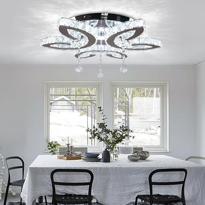 FRIXCHUR 20.4" Crystal Ceiling Light Modern LED Crystal Chandeliers Large Flush Mount Ceiling Light Fixture for Bedroom Living Dining Room (Cool White)