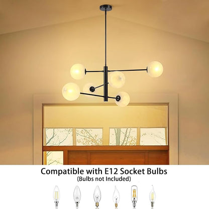Mid Century 6-Lights Globe Milky Handcrafted Marble Glass Chandelier for Living Room Modern Black Chandelier Light Fixture Dining Room Chandelier Over Table Foyer Bedroom Kitchen Island