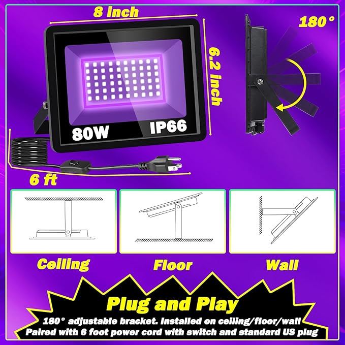 80W Black Light IP66 Waterproof Outdoor Flood Light with 6ft Cord+Plug+Switch, Blacklight Floodlight for Halloween Neon Glow in The Dark Fluorescent Poster Body Paint Bedroom 2 Pack