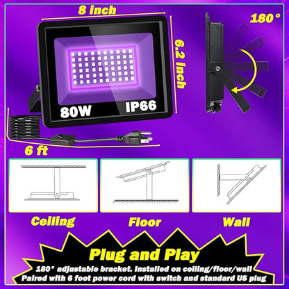 80W Black Light IP66 Waterproof Outdoor Flood Light with 6ft Cord+Plug+Switch, Blacklight Floodlight for Halloween Neon Glow in The Dark Fluorescent Poster Body Paint Bedroom 2 Pack