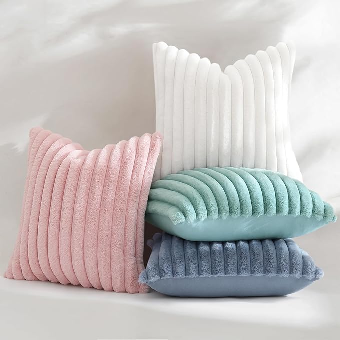 decorUhome Summer Cozy Faux Fur Throw Pillow Covers 24x24 Set of 2 Decorative Soft Plush Striped Modern Farmhouse Boho Couch Euro Sham Pillow Cases with Velvet Back for Sofa Bed Living Room, Aqua