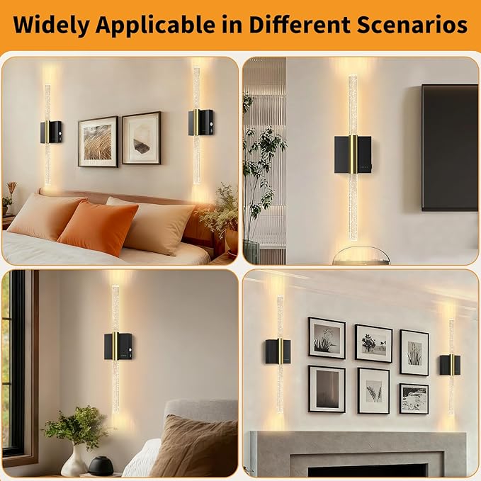 Battery Operated Wall Sconces Set of 2, 28in Rechargeable Wireless Wall Lights, 8000mAh Dimmable Modern LED Wall Lamp Fixtures with Timer Function for Living Room Bedroom Bathroom Hallway, Black