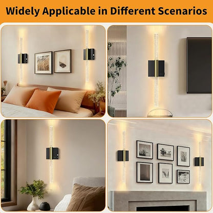 Battery Operated Wall Sconces Set of 2, 28in Rechargeable Wireless Wall Lights, 8000mAh Dimmable Modern LED Wall Lamp Fixtures with Timer Function for Living Room Bedroom Bathroom Hallway, Black