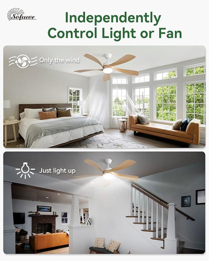 Sofucor 52 Inch Ceiling Fans with Lights and Remote, Outdoor Ceiling Fan with Light 6-Speed 3 CCT 3-Timer, Modern Low Profile Ceiling Fan 5 Blade Reversible DC Motor for Living Room Bedroom Patio