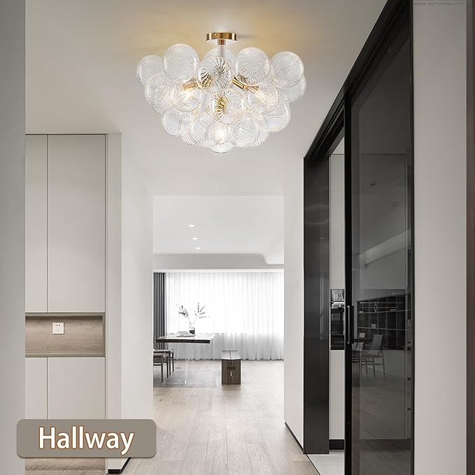 Bubble Ball Semi Flush Mount Ceiling Light Fixture, 24" Bubble Chandelier, Modern Hand Blown Glass Chandelier for Bedroom, Living Room, Dining Room (24“ White Ceiling Light)