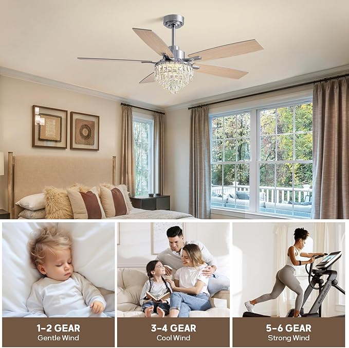 LUDOMIDE Chandelier Ceiling Fan, 52 Inch Crystal Ceiling Fan with Light, 3CCT, 6-Speed, 5-Blade Noiseless Reversible DC Motor, Remote Control, Modern Indoor Fandelier for Living Room