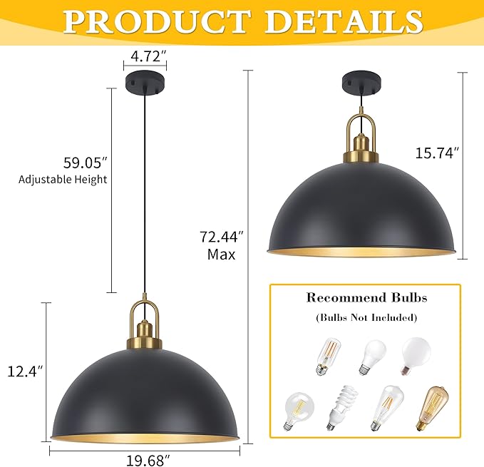 Matte Black Dome Pendant Light 19.68" Large Farmhouse Chandelier Adjustable Metal Hanging Lighting Fixture for Kitchen Island Bedroom Dining Room and Restaurant