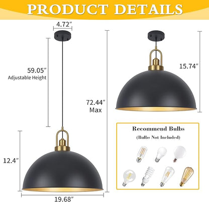 Matte Black Dome Pendant Light 19.68" Large Farmhouse Chandelier Adjustable Metal Hanging Lighting Fixture for Kitchen Island Bedroom Dining Room and Restaurant